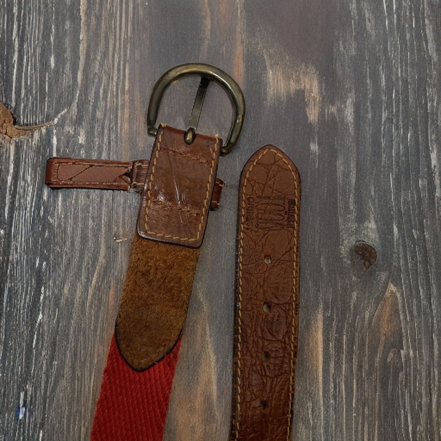 Vintage red braided elastic leather mens medium belt