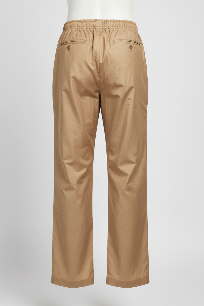 A pair of beige wide-leg trousers shown from the back on a white mannequin against a light gray studio background.