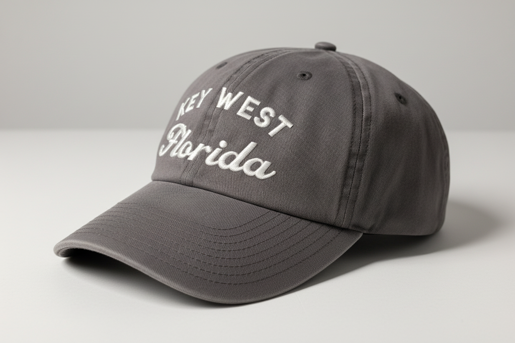 Gray cap with 'Key West, Florida' text on a light gray background