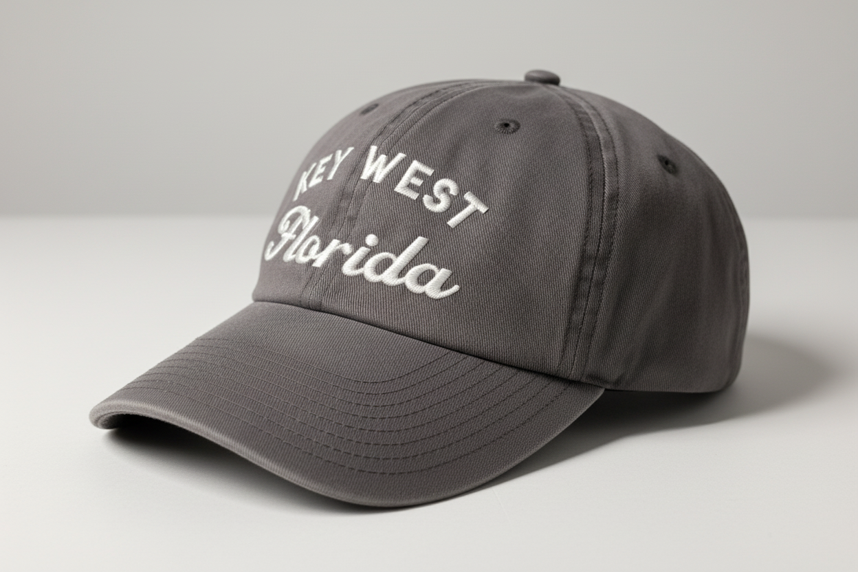 Gray cap with 'Key West, Florida' text on a light gray background