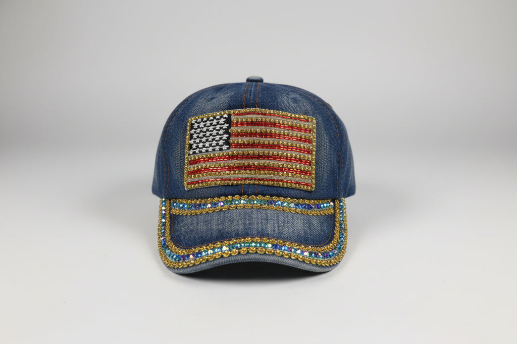 Vintage Women's Denim Baseball Cap with Rhinestone American Flag - Blue