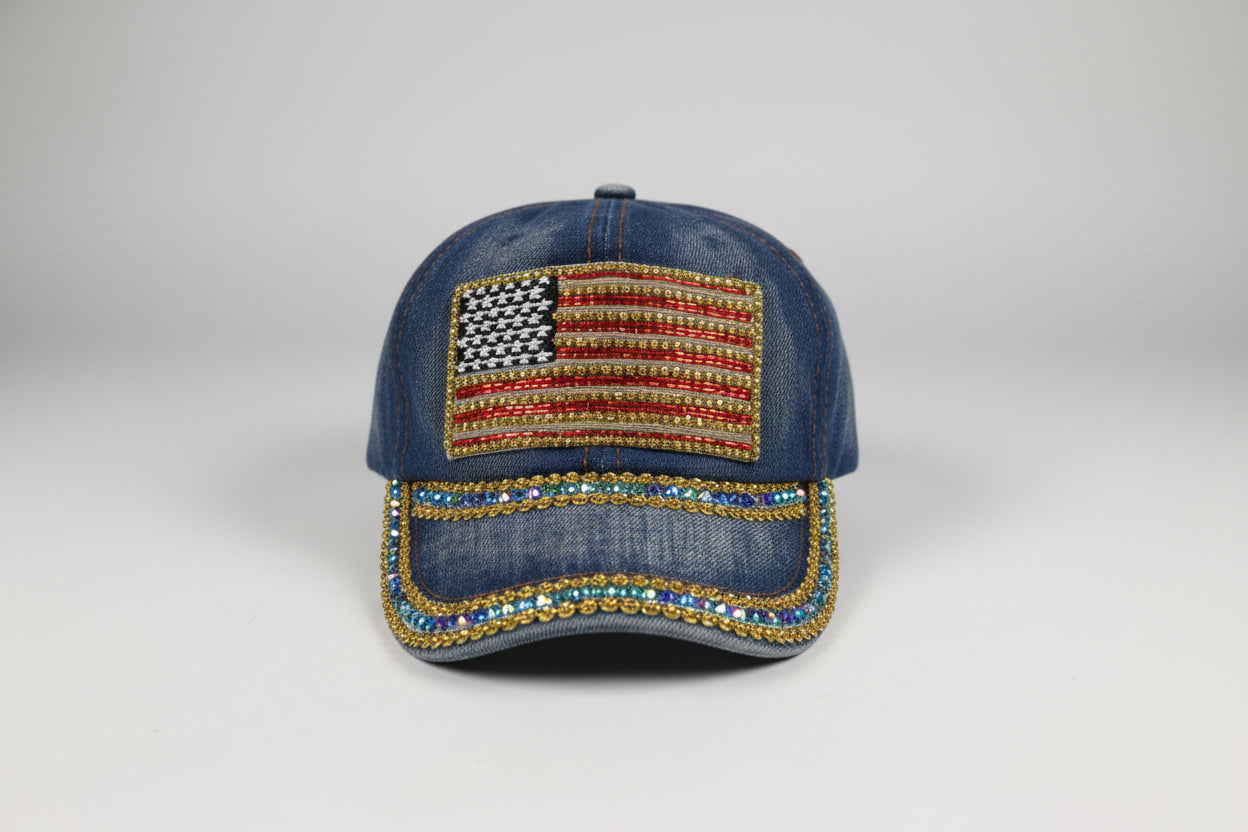 Vintage Women's Denim Baseball Cap with Rhinestone American Flag - Blue
