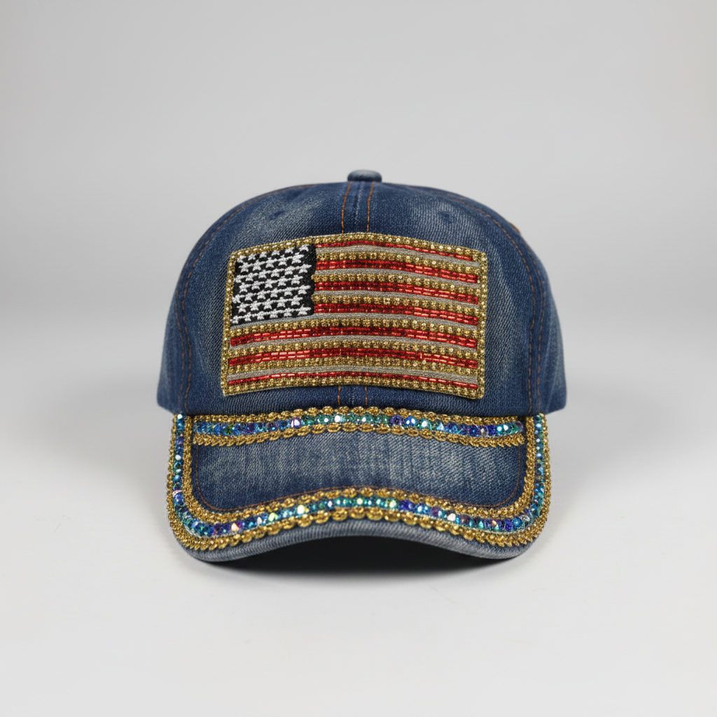 Vintage Women's Denim Baseball Cap with Rhinestone American Flag - Blue