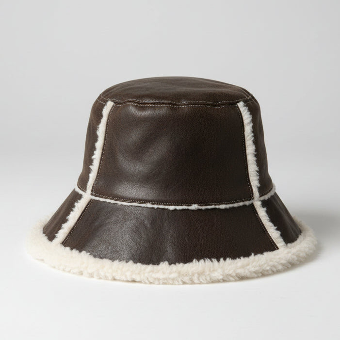 Vintage Brown and White Sherpa-Lined leather faux fur Bucket Hat SKU 7232