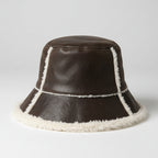 Vintage Brown and White Sherpa-Lined leather faux fur Bucket Hat SKU 7232