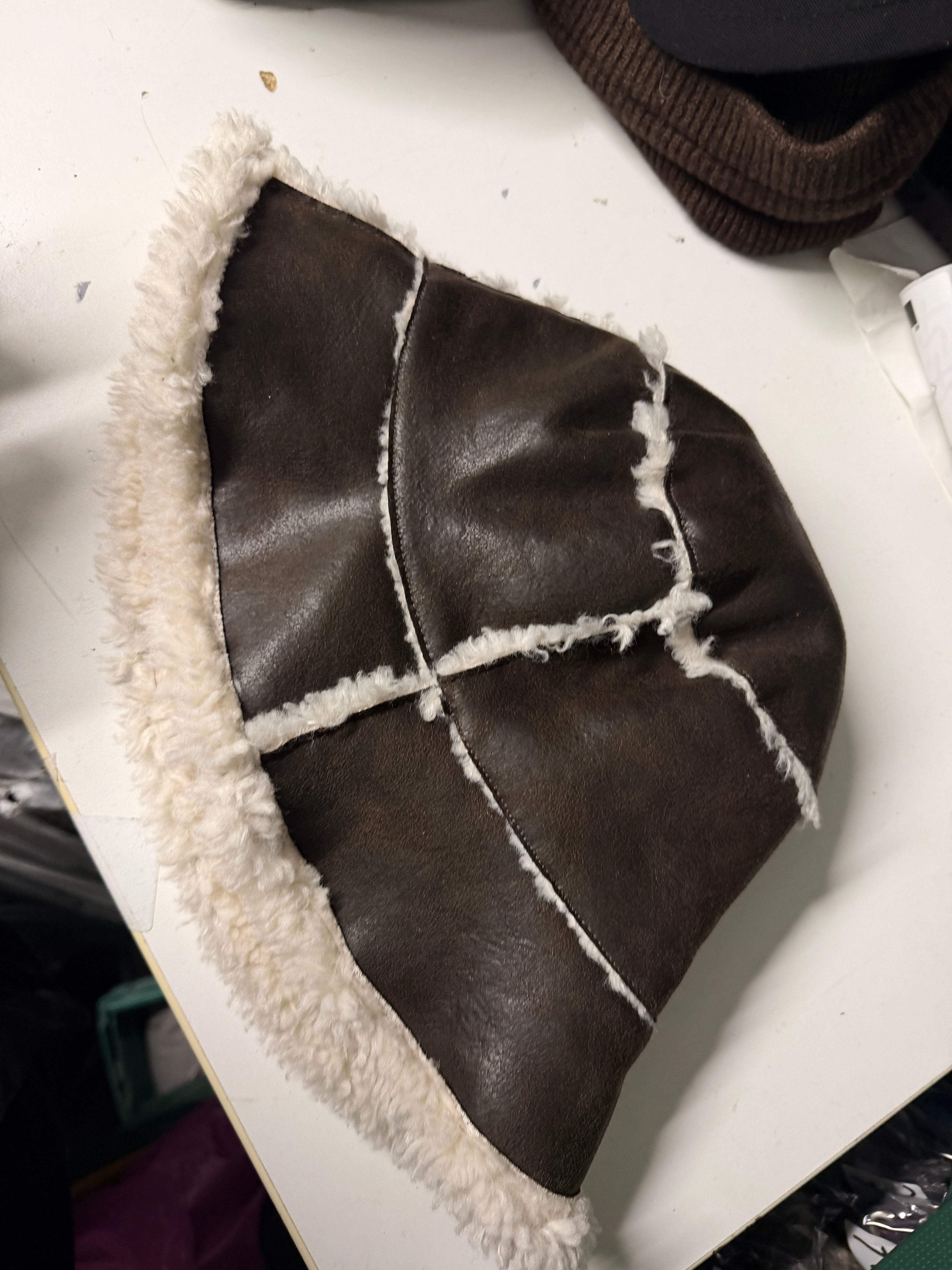 Vintage Brown and White Sherpa-Lined leather faux fur Bucket Hat SKU 7232