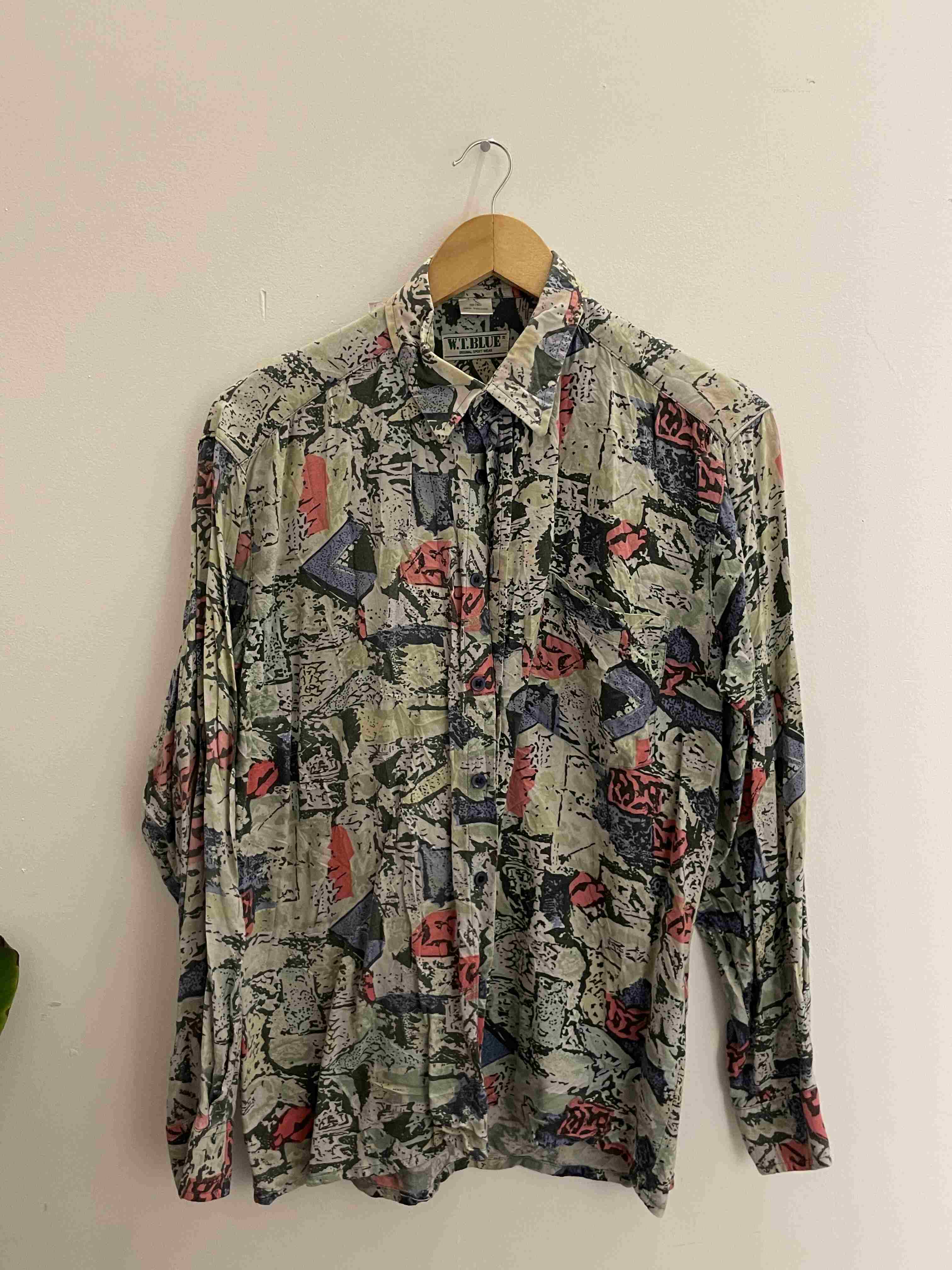 Vintage W.T.Blue grey abstract pattern long sleeve women shirt size M