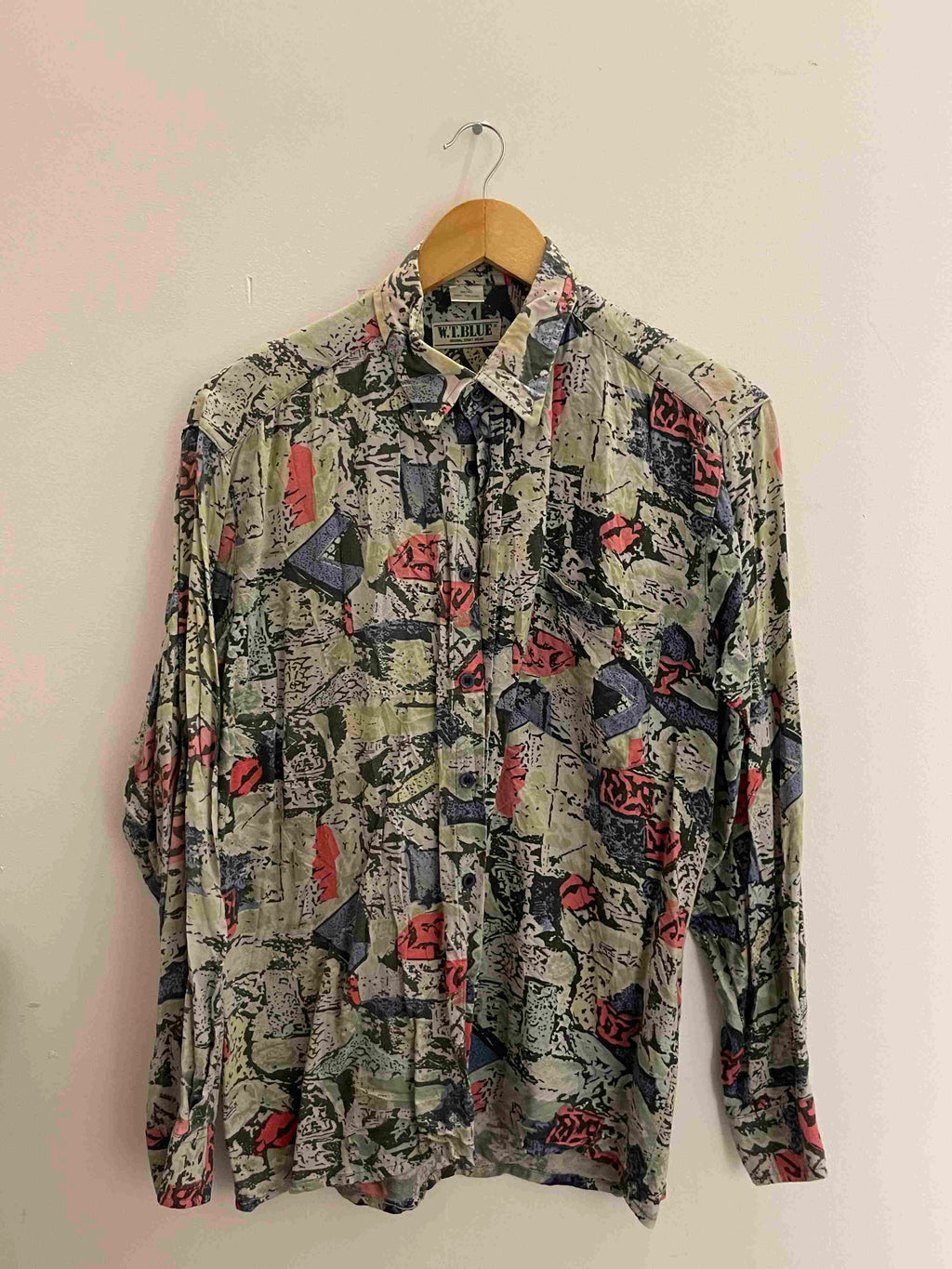 Vintage W.T.Blue grey abstract pattern long sleeve women shirt size M