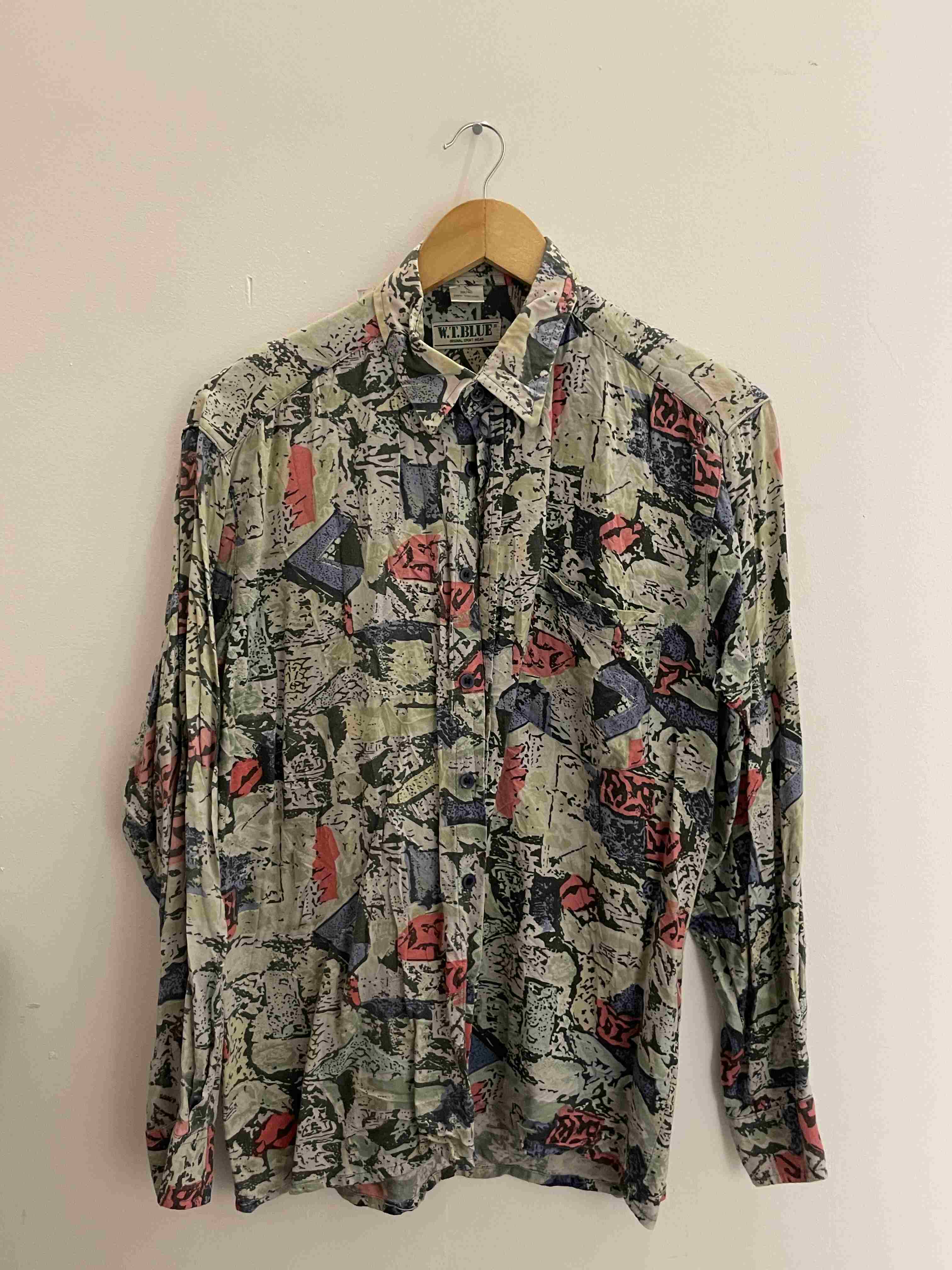 Vintage W.T.Blue grey abstract pattern long sleeve women shirt size M