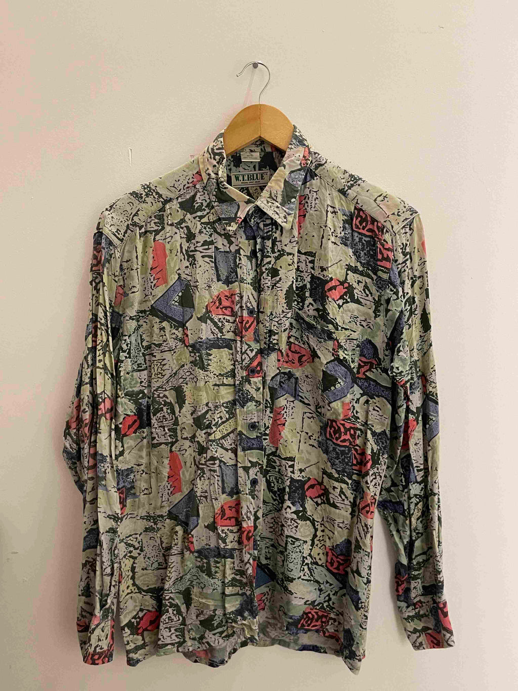 Vintage W.T.Blue grey abstract pattern long sleeve women shirt size M