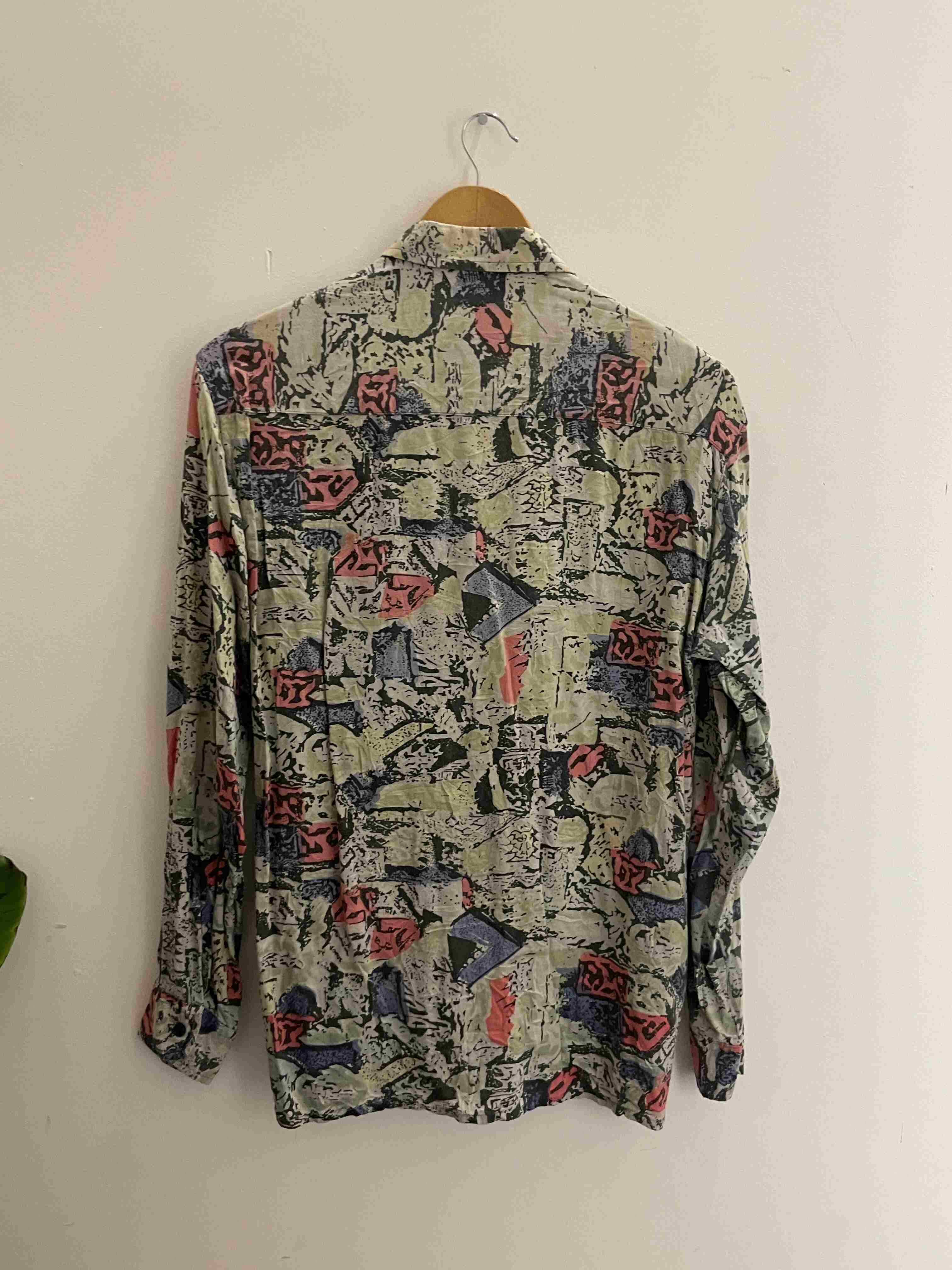 Vintage W.T.Blue grey abstract pattern long sleeve women shirt size M