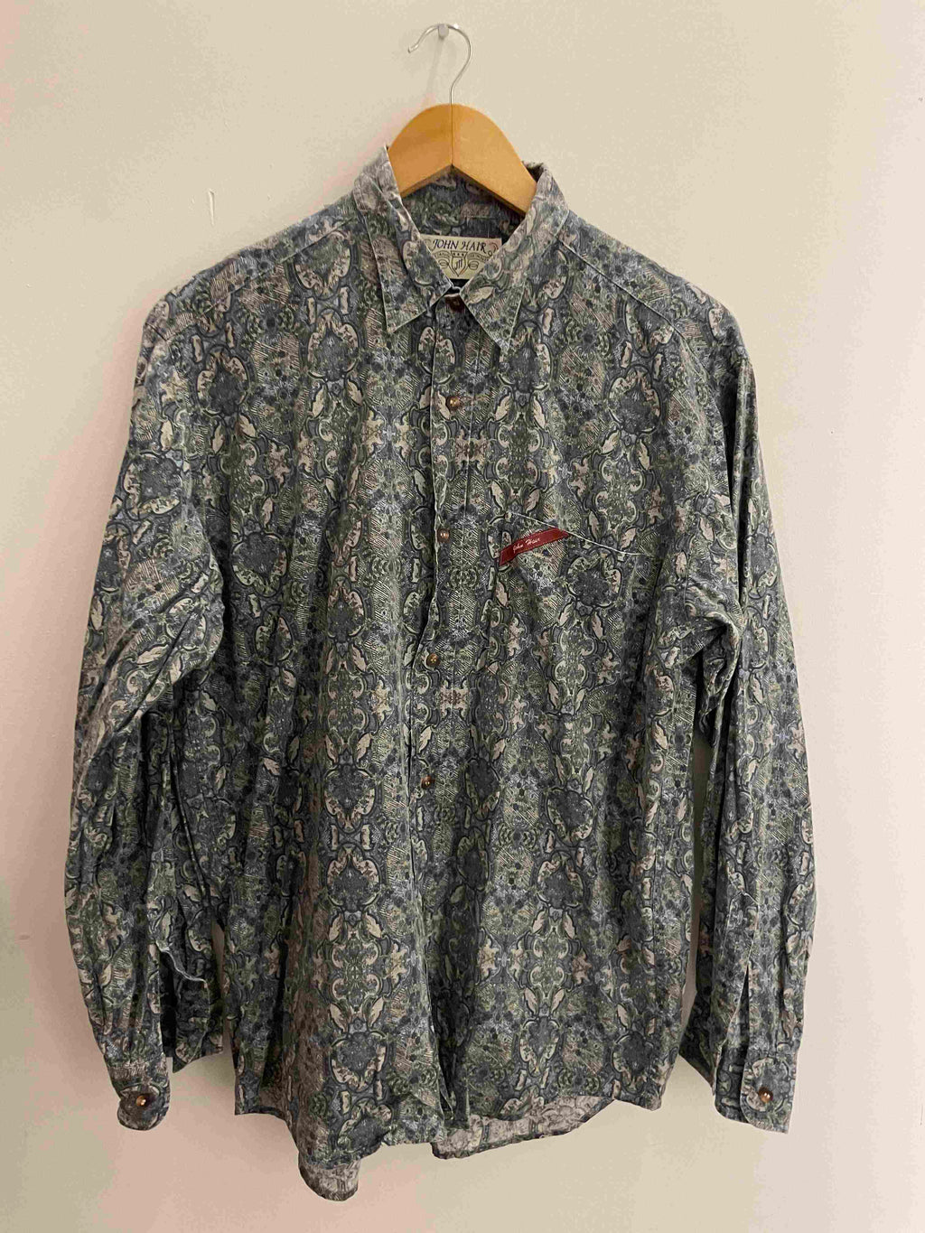 Vintage john hair blue abstract pattern shirt size S