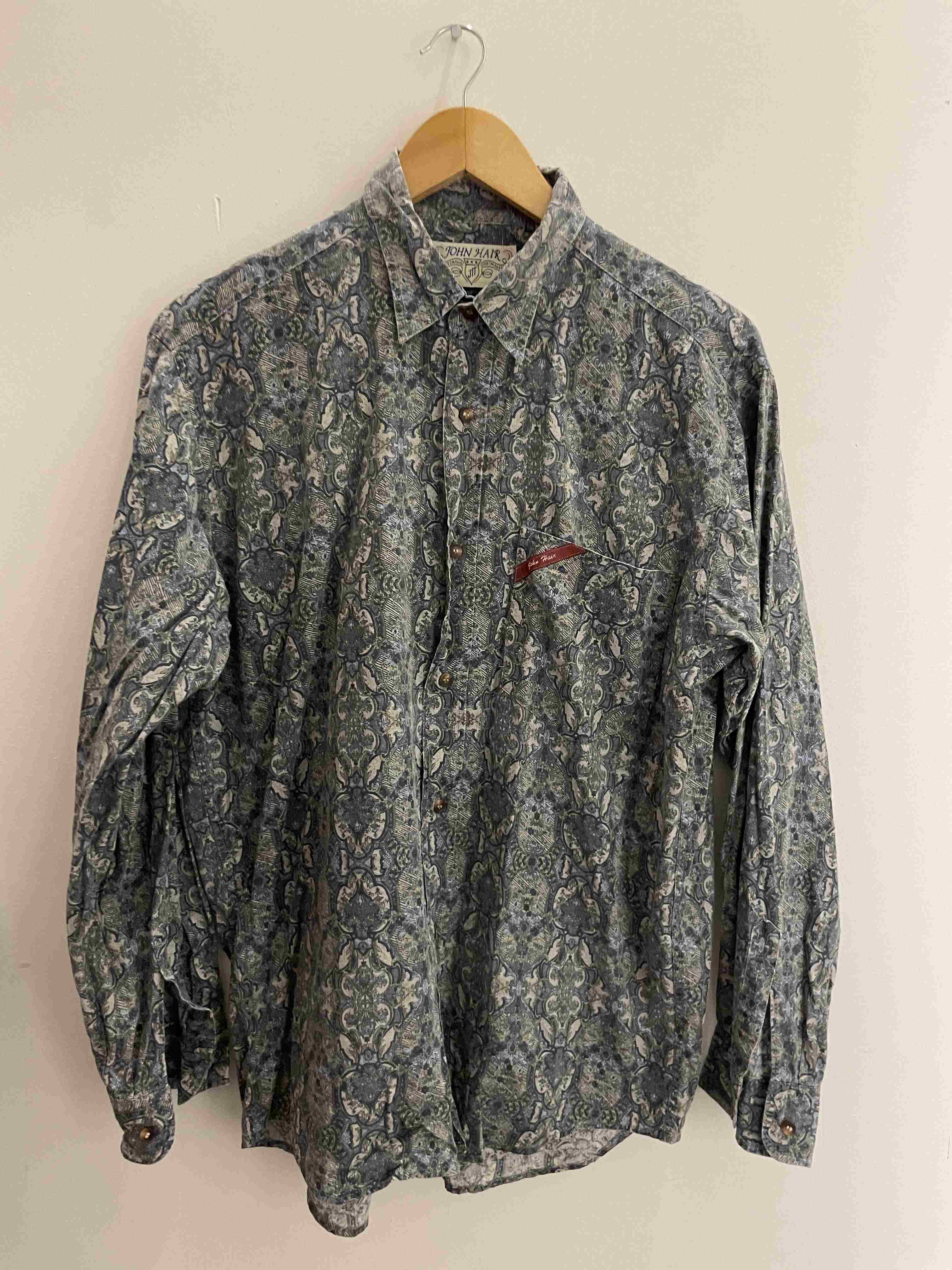 Vintage john hair blue abstract pattern shirt size S
