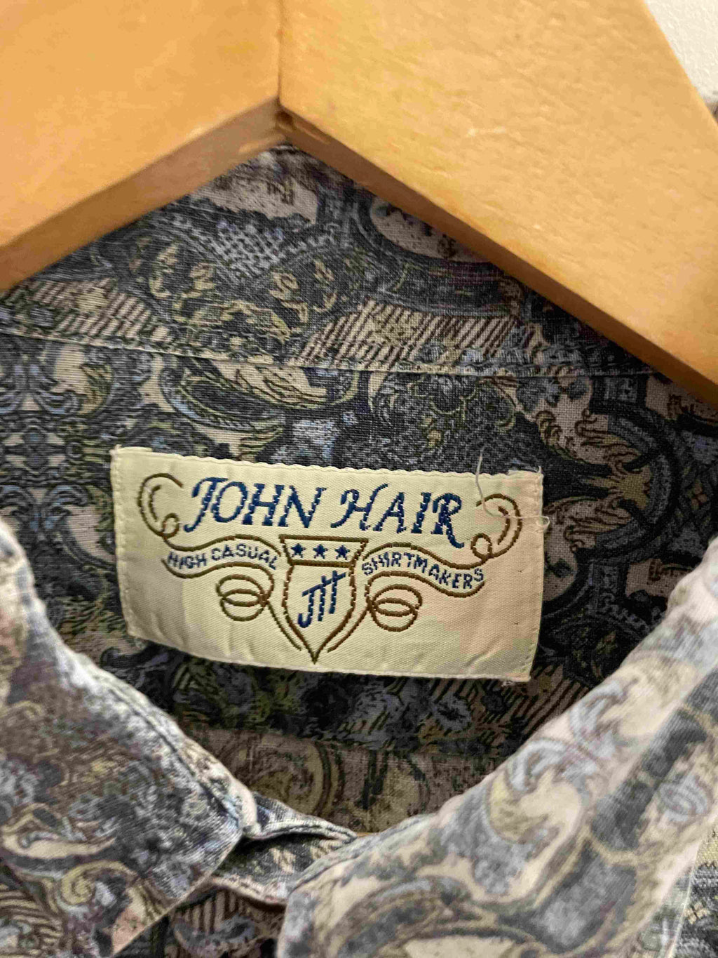 Vintage john hair blue abstract pattern shirt size S