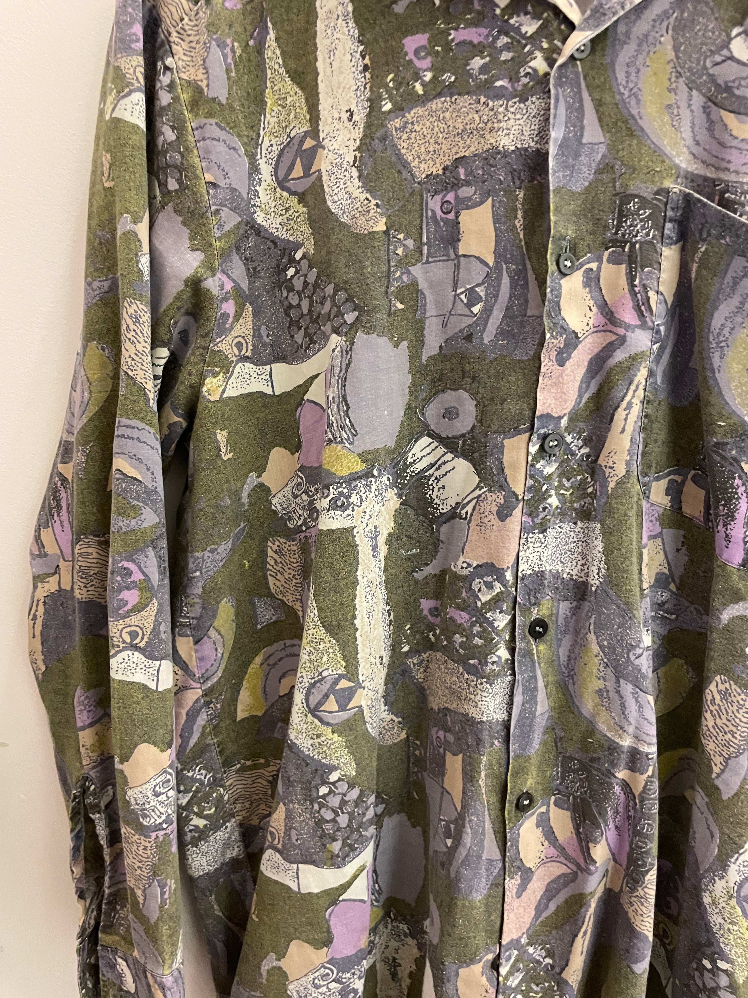 Vintage multi abstract pattern festive mens long sleeve shirt size M
