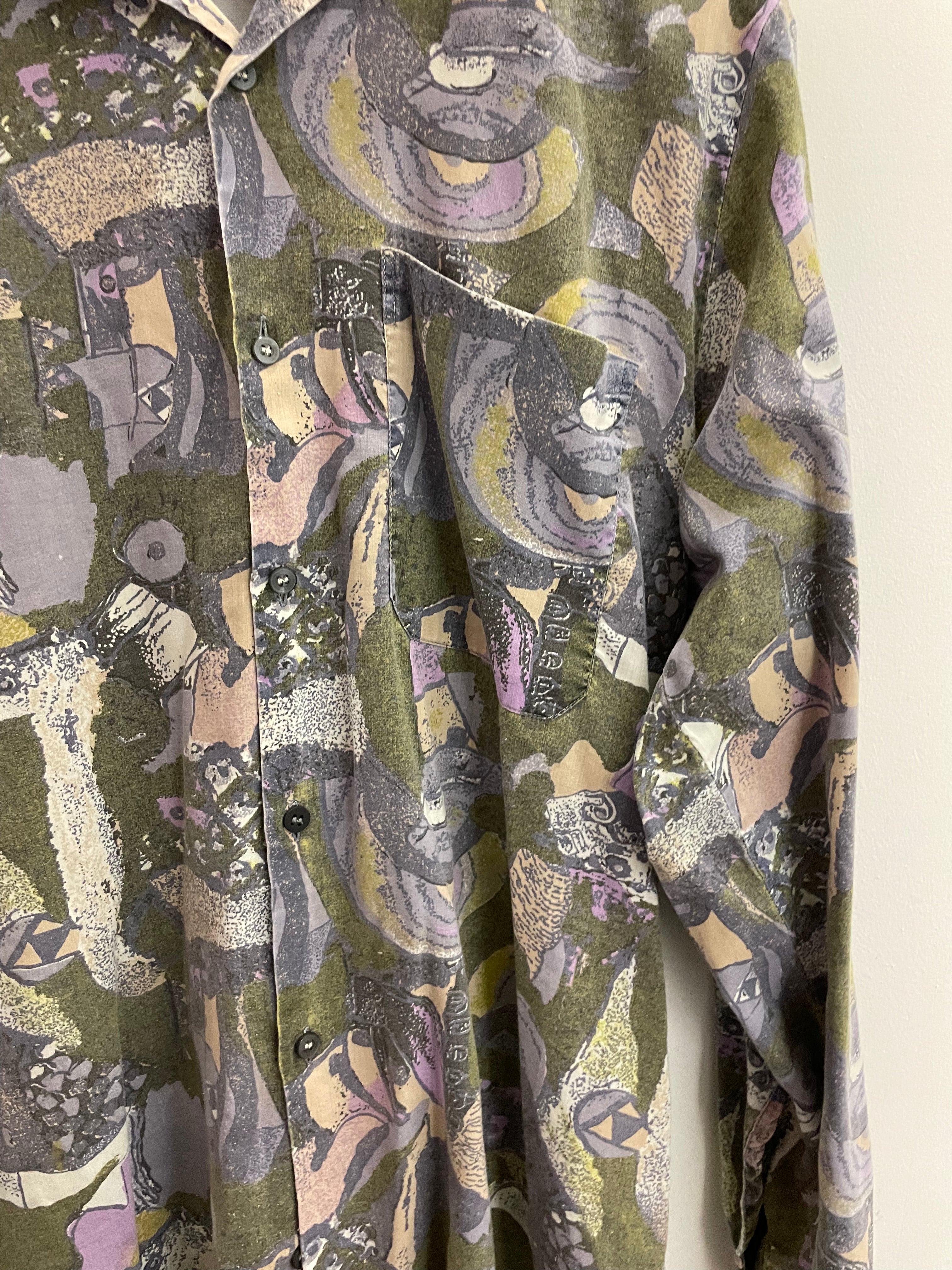 Vintage multi abstract pattern festive mens long sleeve shirt size M