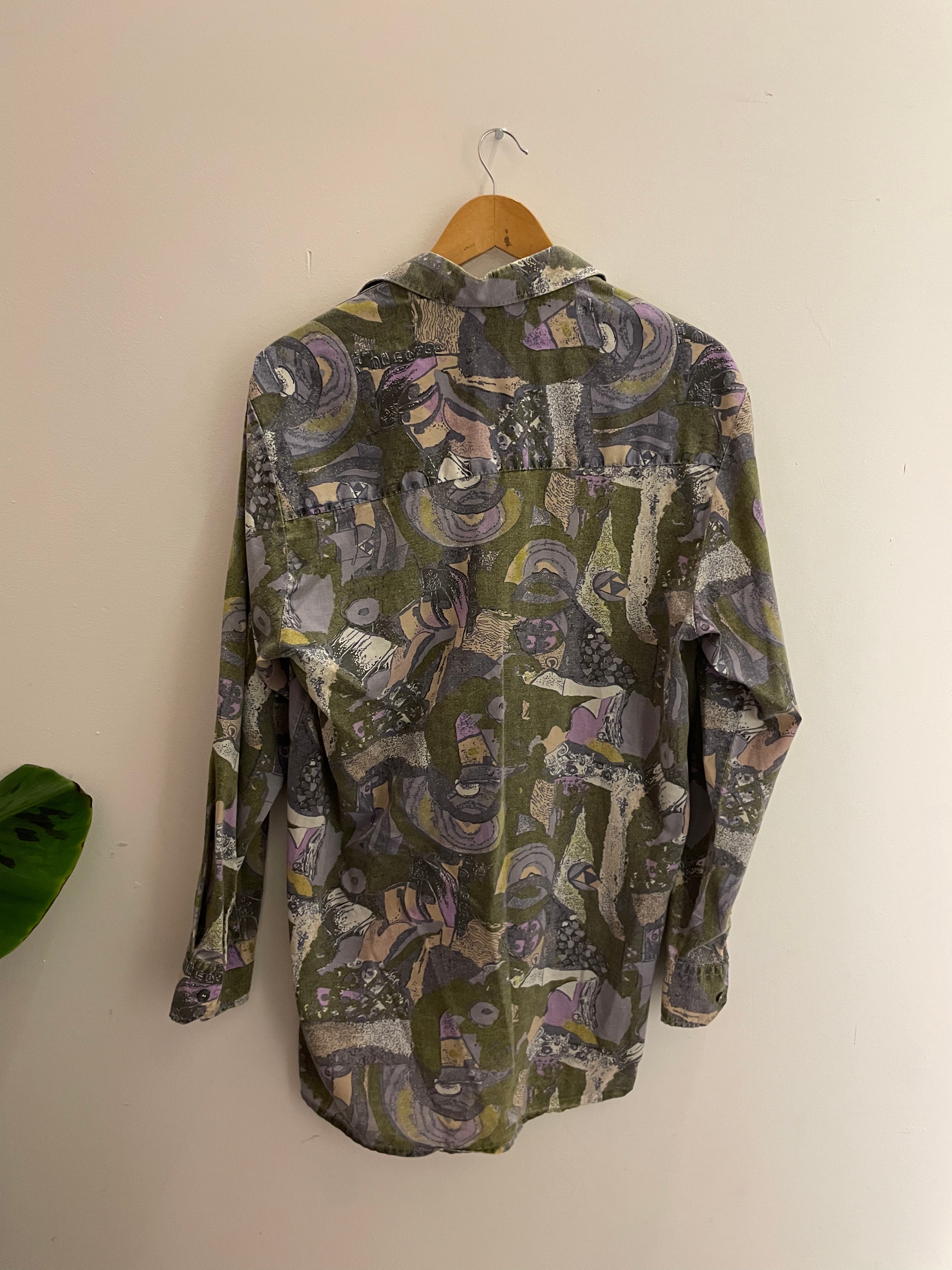 Vintage multi abstract pattern festive mens long sleeve shirt size M