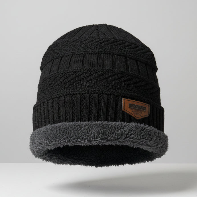Classic Black Ribbed Beanie with faux fur SKU 7279