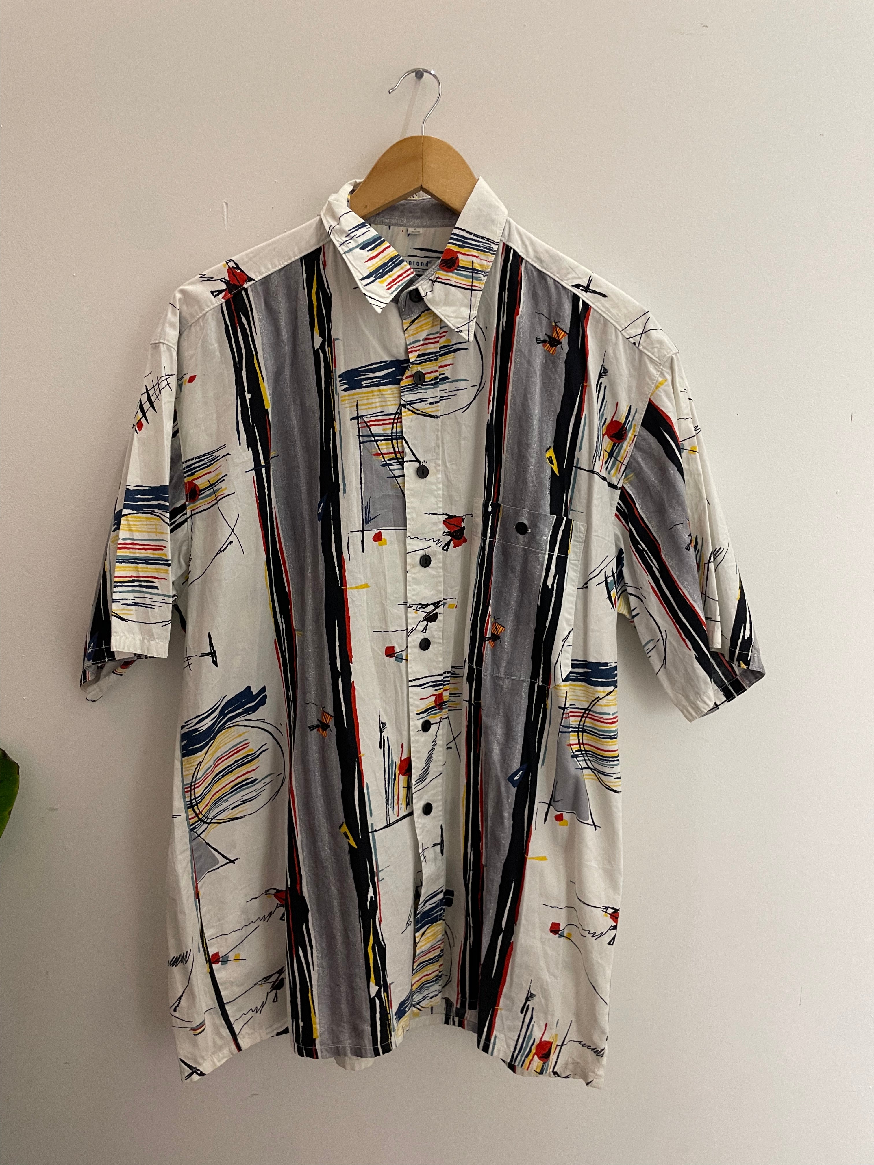 Vintage white abstract pattern mens short sleeve shirt M