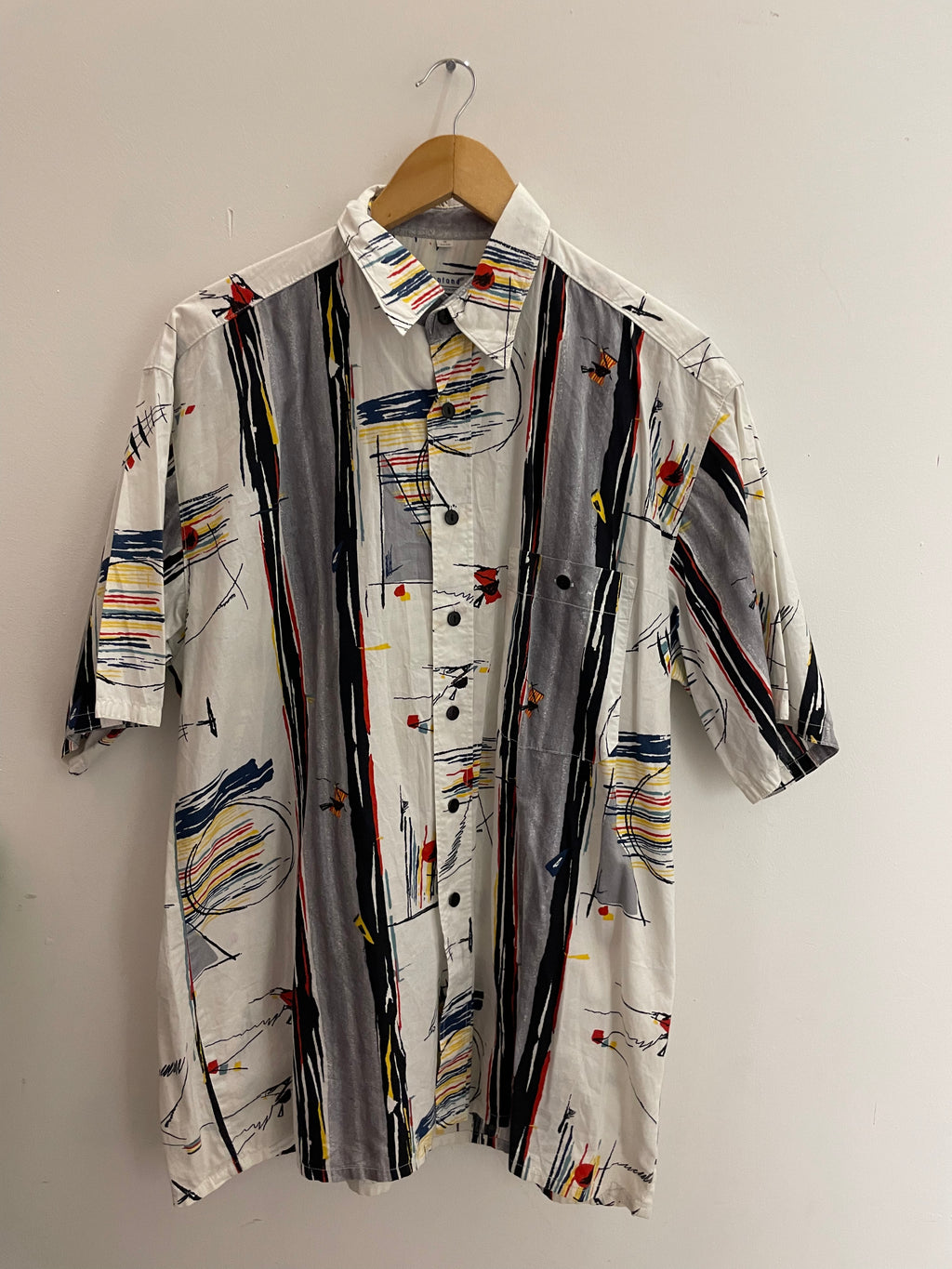 Vintage white abstract pattern mens short sleeve shirt M