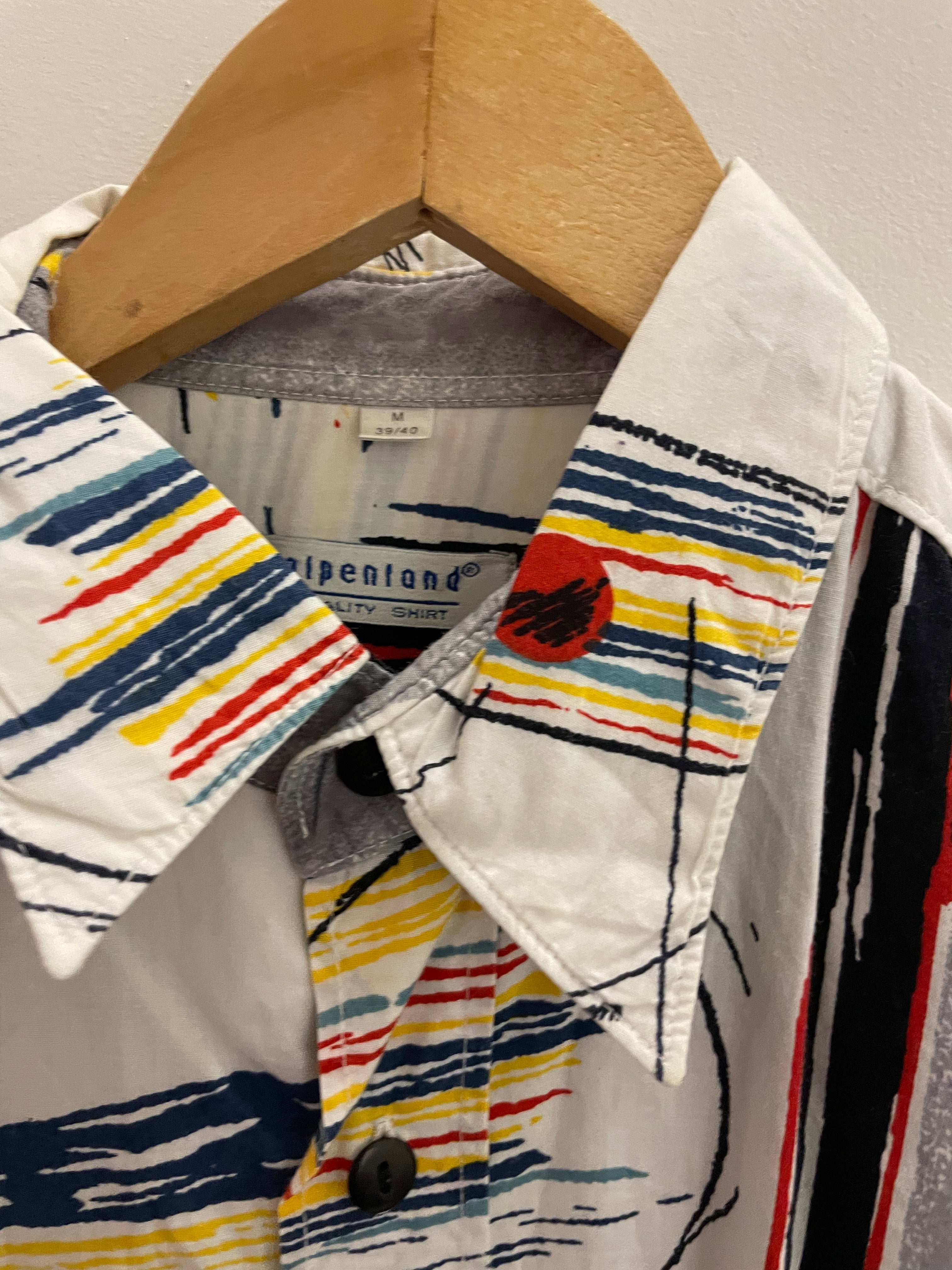 Vintage white abstract pattern mens short sleeve shirt M