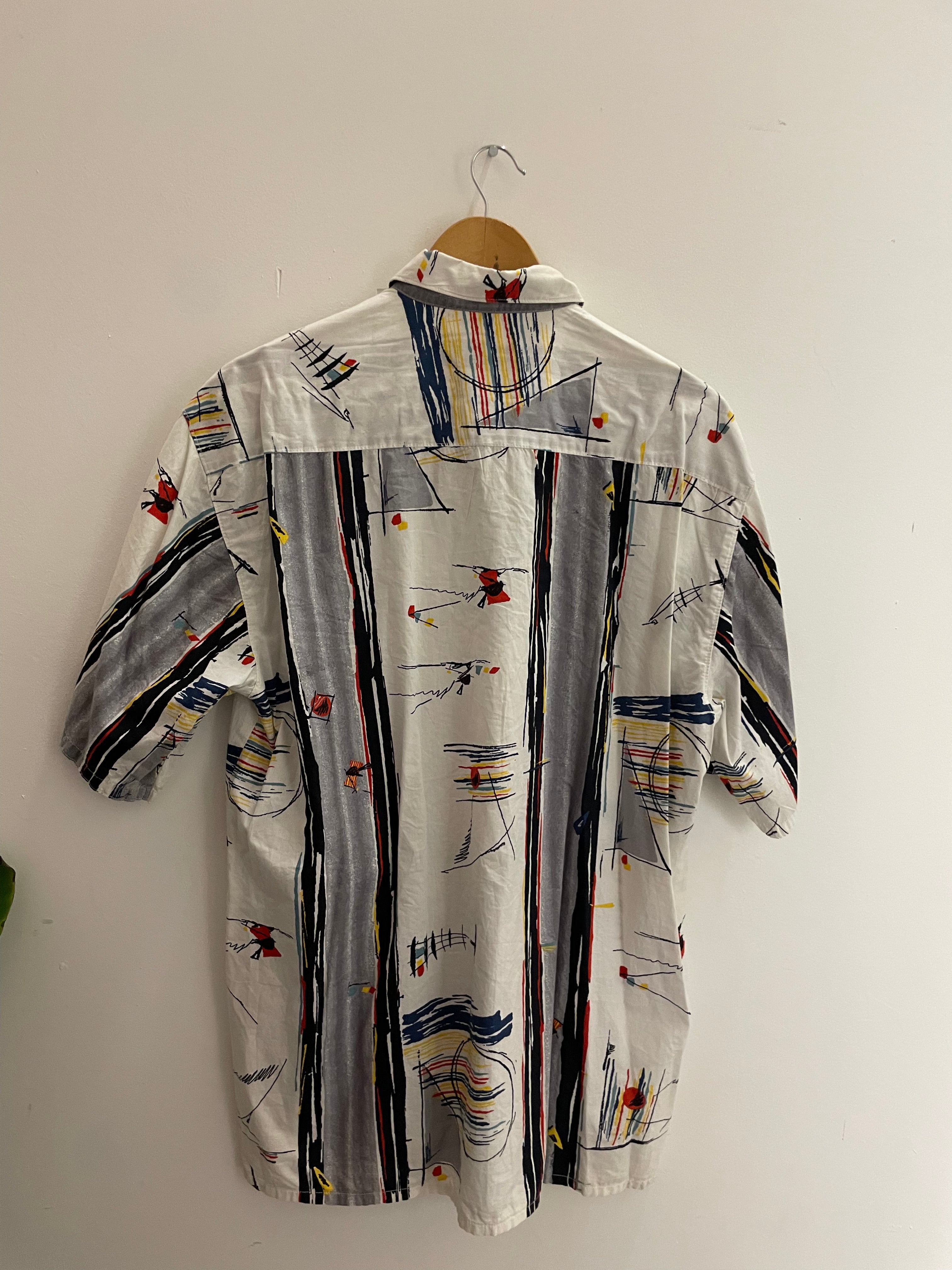 Vintage white abstract pattern mens short sleeve shirt M