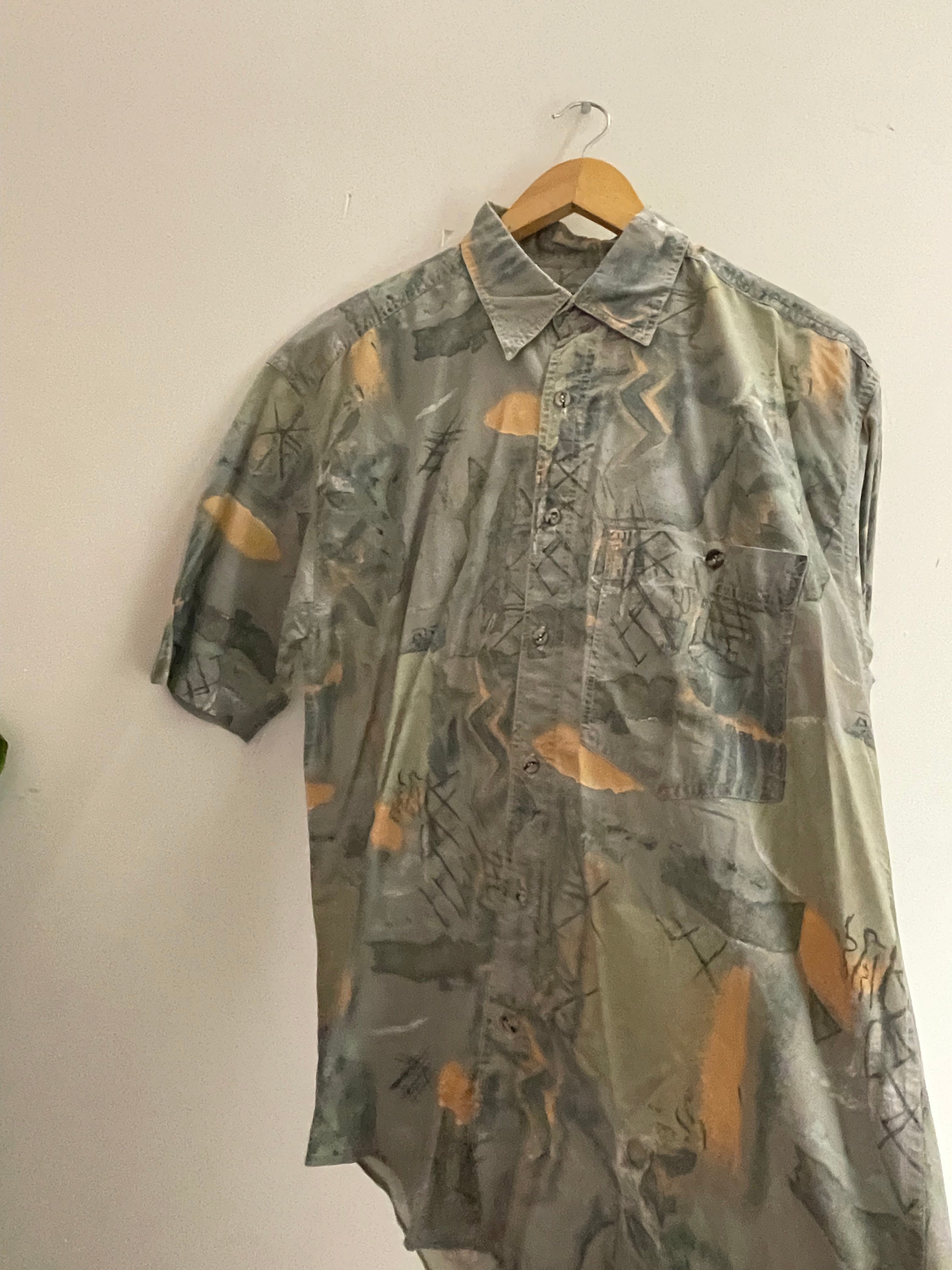 Vintage kampo grey abstract mens medium short sleeve shirt