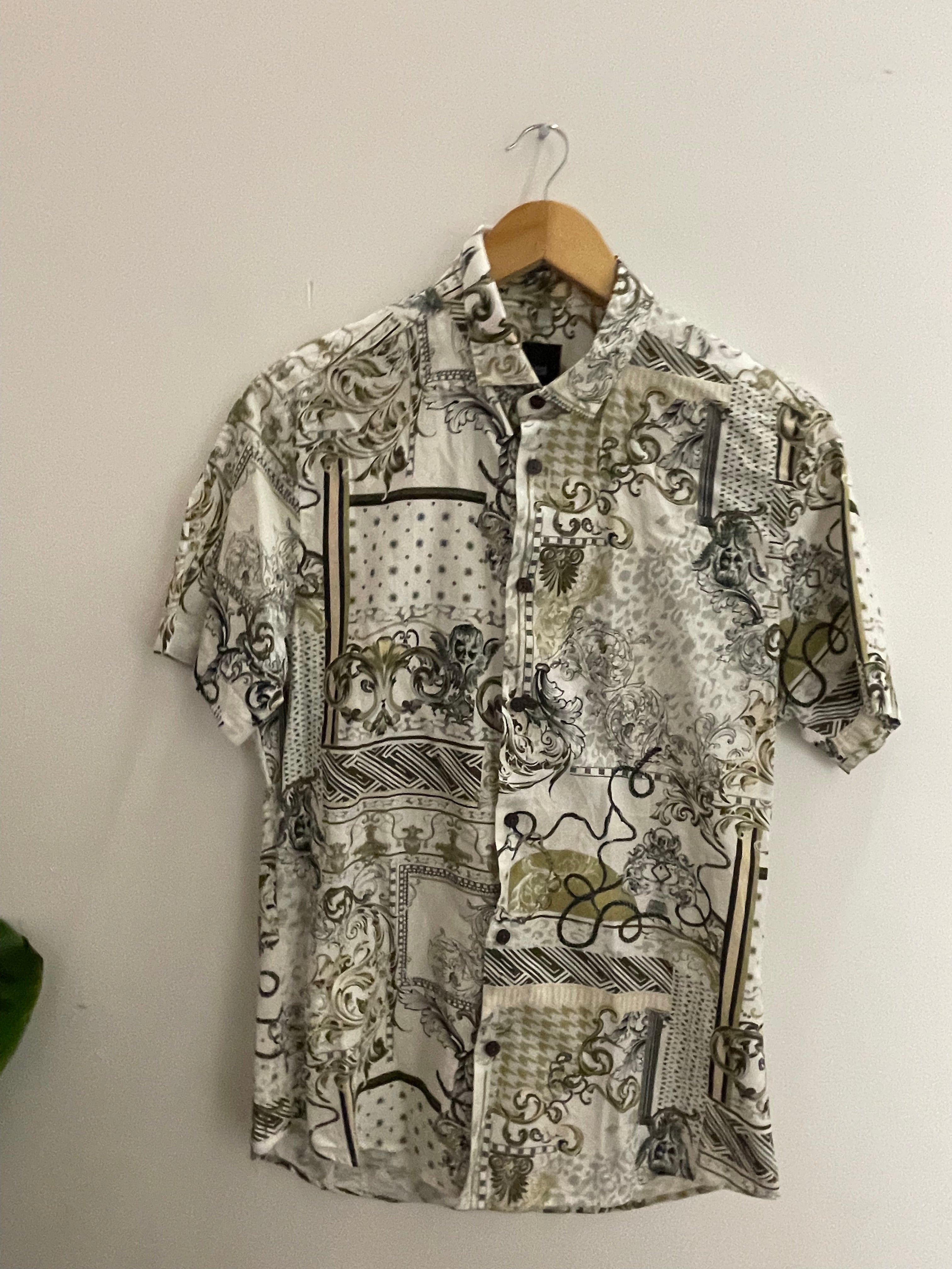 Vintage cream river island abstract pattern mens small short sleeve shirt