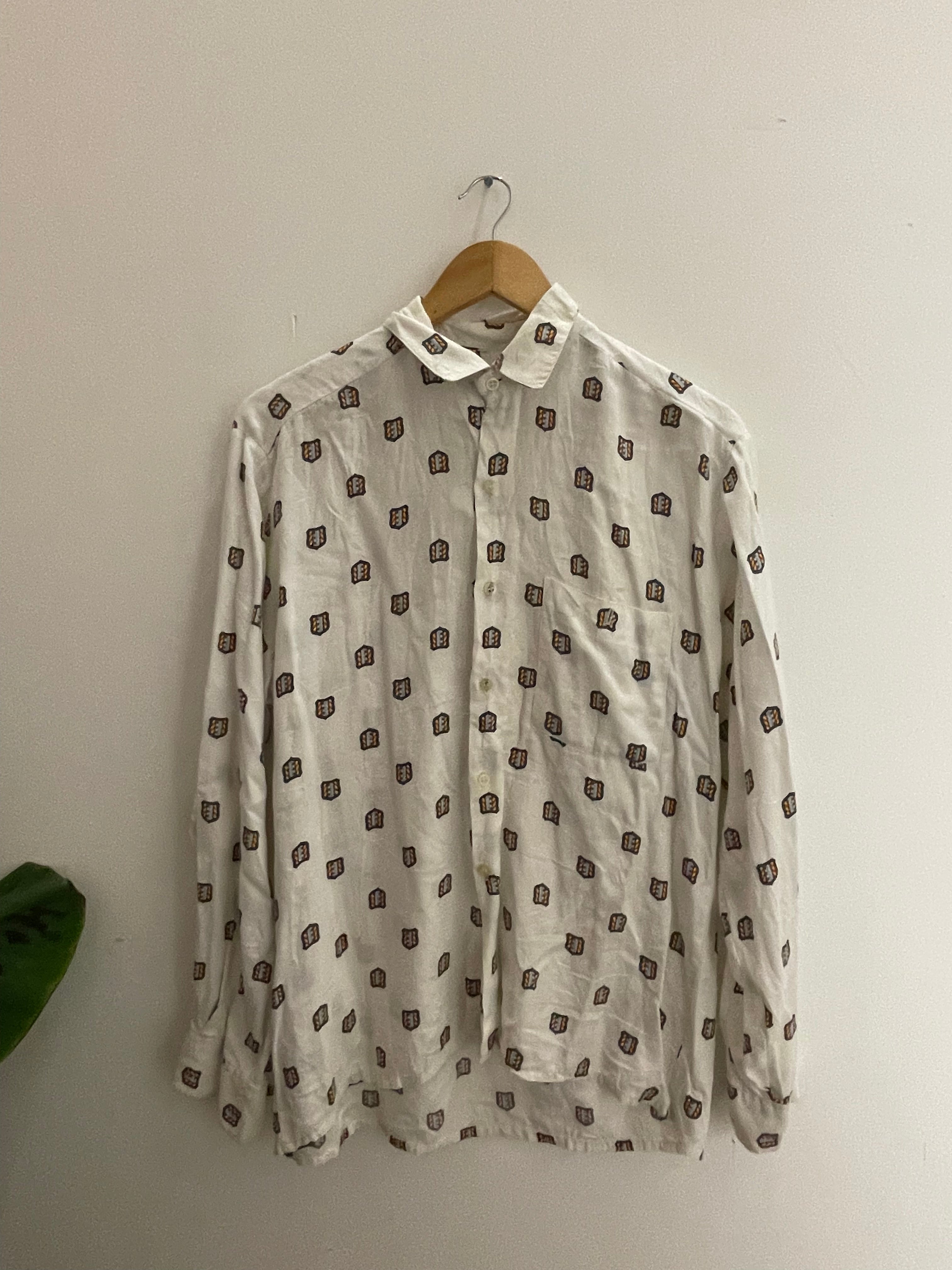 Vintage pacific cream printed pattern mens long sleeve shirt size S