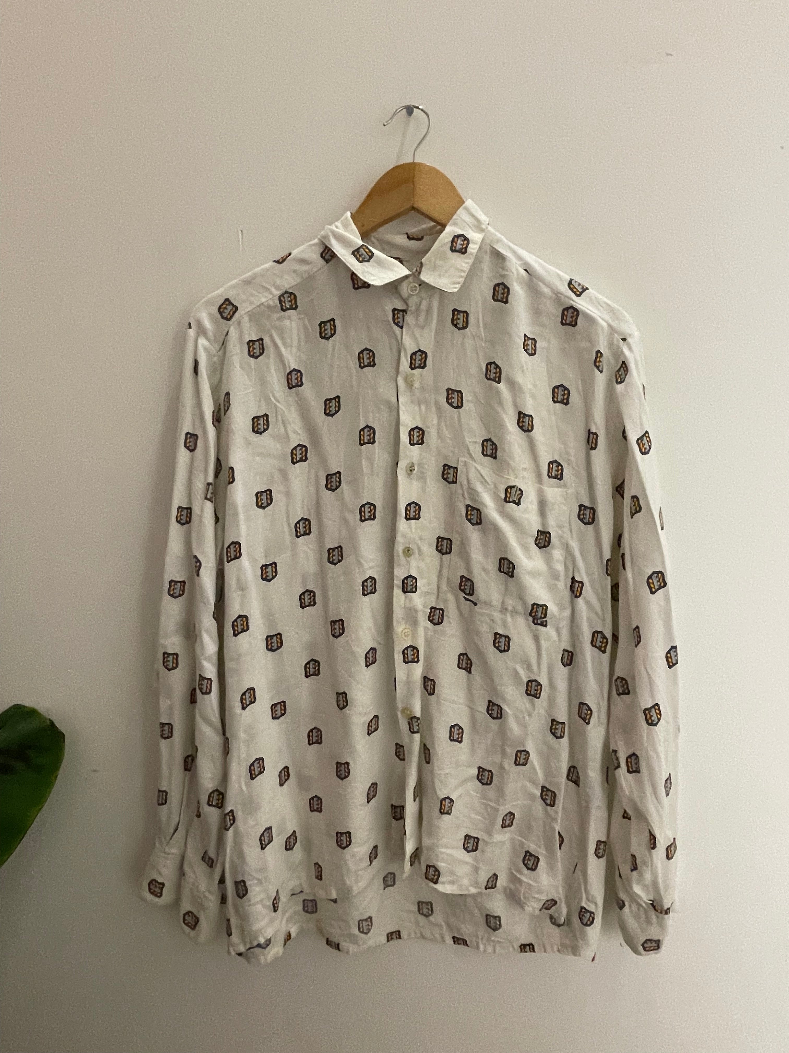 Vintage pacific cream printed pattern mens long sleeve shirt size S