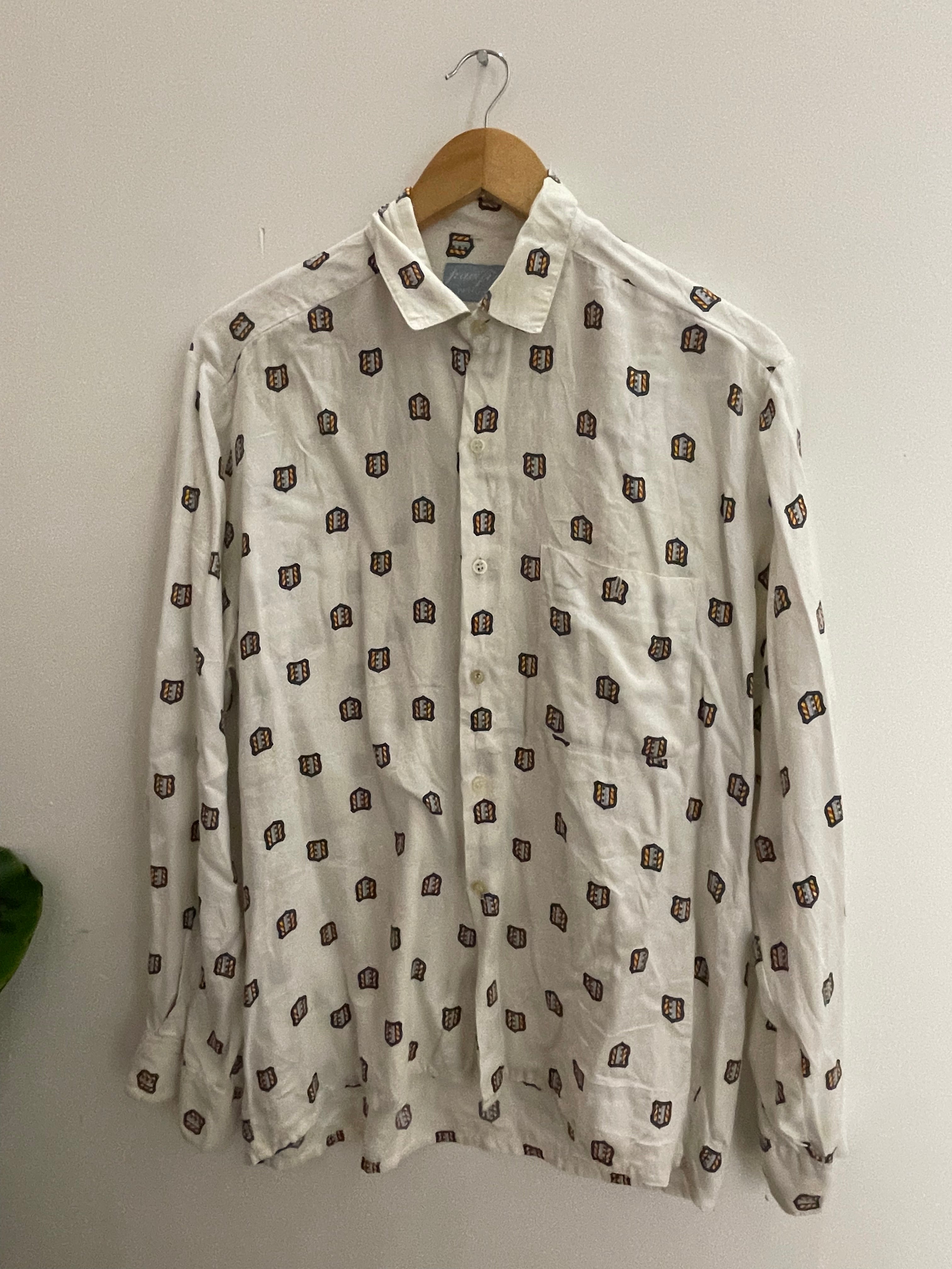 Vintage pacific cream printed pattern mens long sleeve shirt size S
