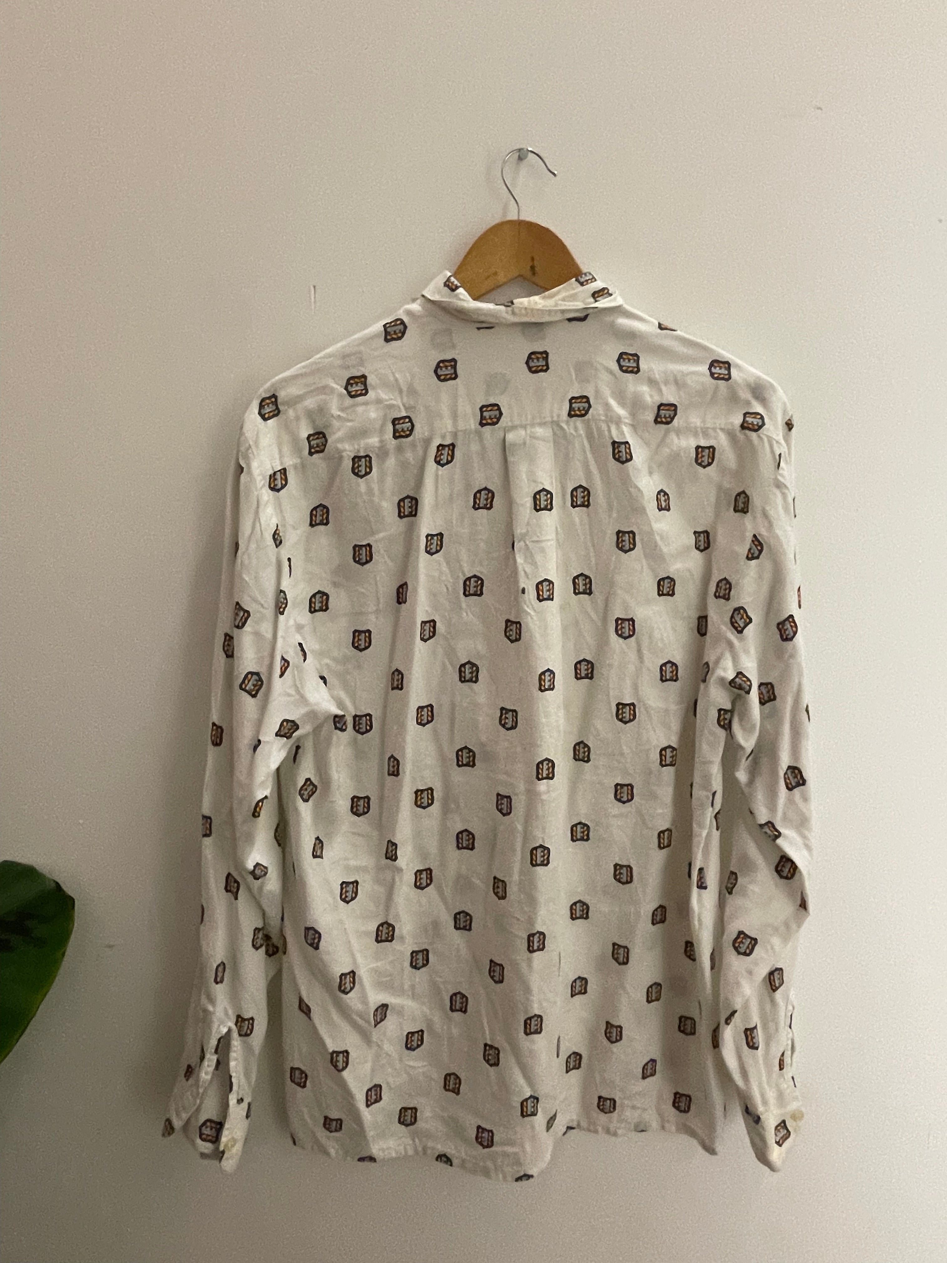 Vintage pacific cream printed pattern mens long sleeve shirt size S