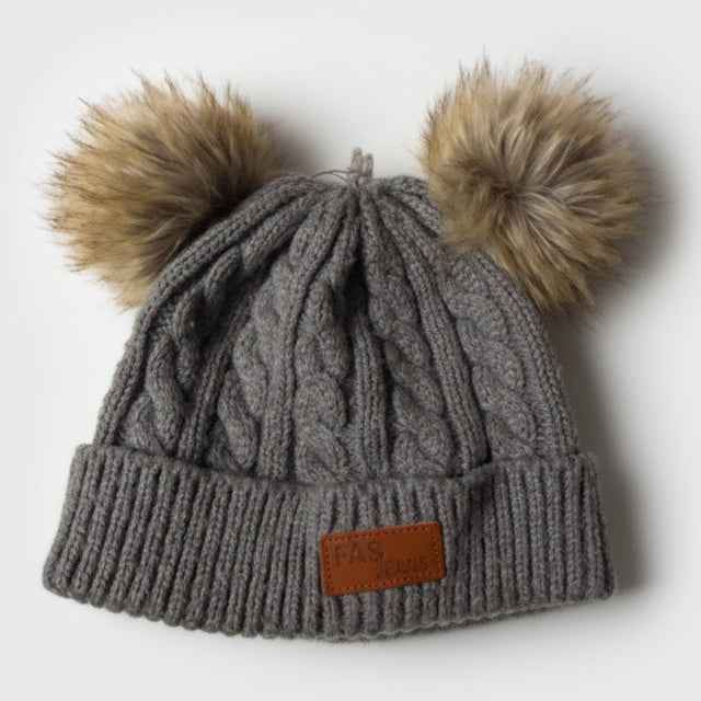 Gray Cable Knit Double Pom-Pom Beanie SKU 7316