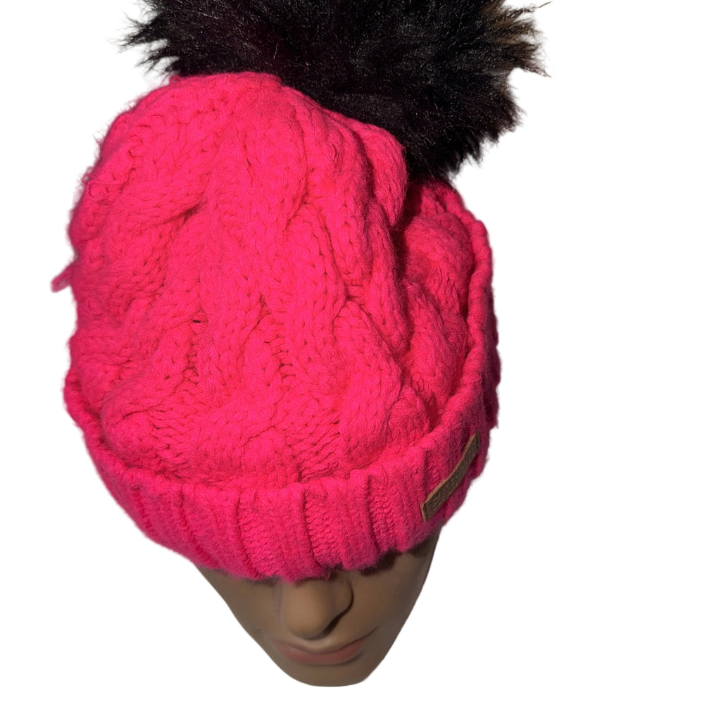 Vibrant Pink Cable Knit Beanie with Faux Fur Pom-Pom SKU 7335