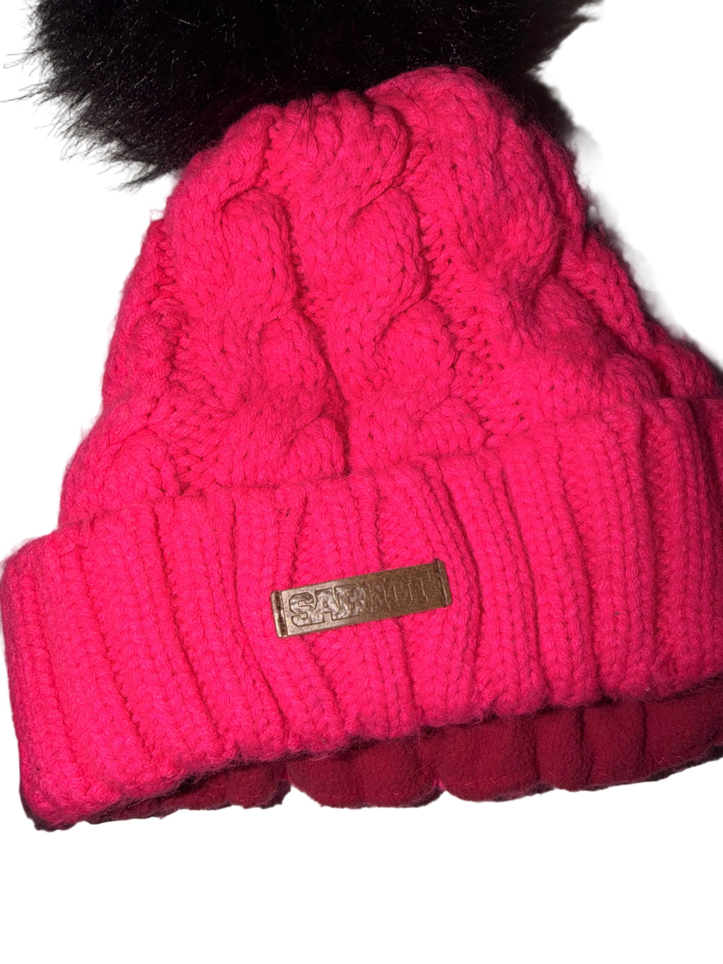 Vibrant Pink Cable Knit Beanie with Faux Fur Pom-Pom SKU 7335