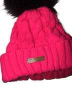 Vibrant Pink Cable Knit Beanie with Faux Fur Pom-Pom SKU 7335