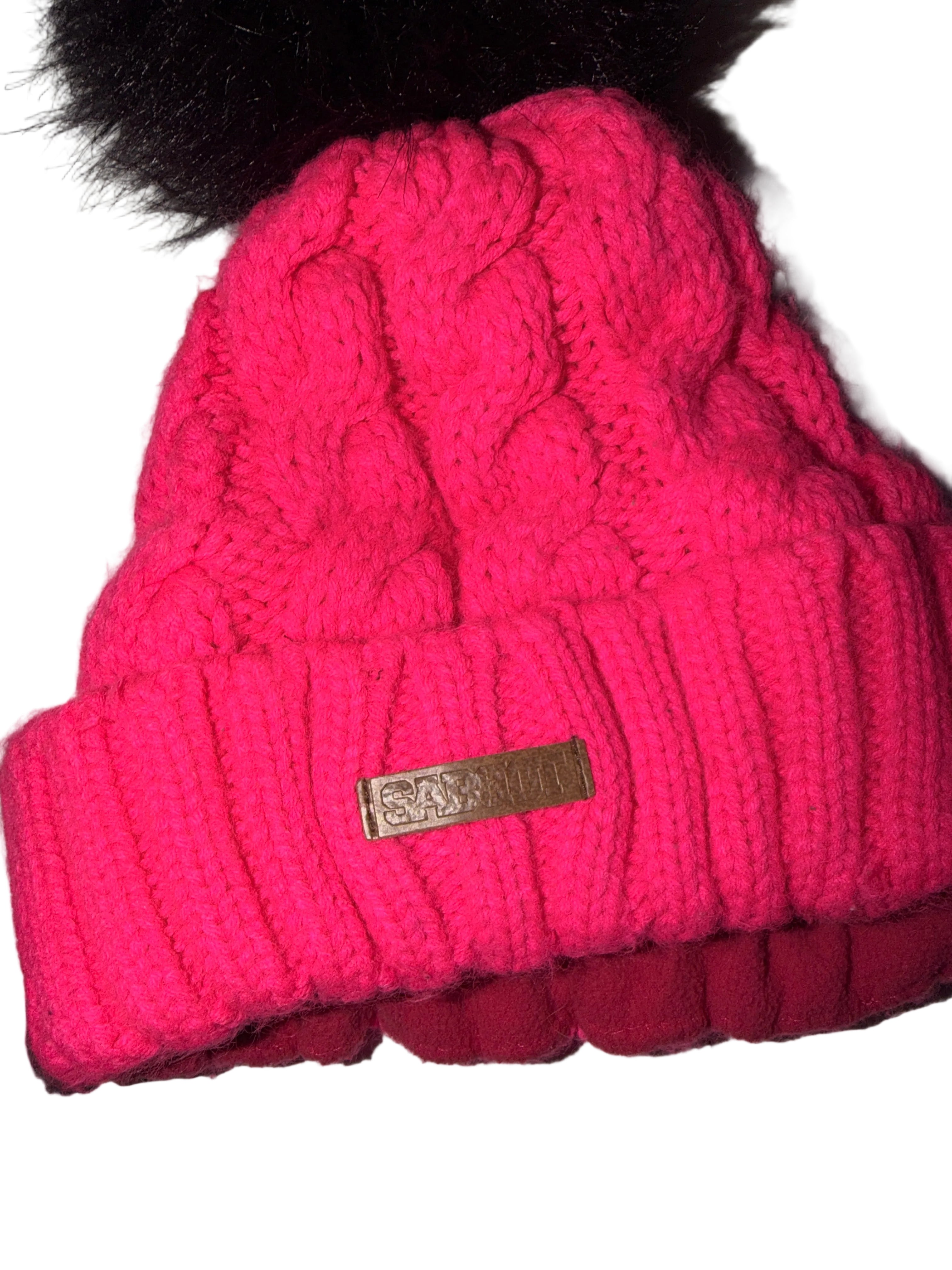 Vibrant Pink Cable Knit Beanie with Faux Fur Pom-Pom SKU 7335