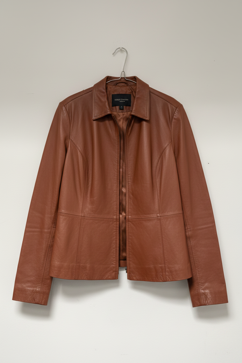 A brown leather jacket hanging on a metal hanger against a plain light gray wall. The jacket has a pointed collar, a front button closure, and front patch pockets.
