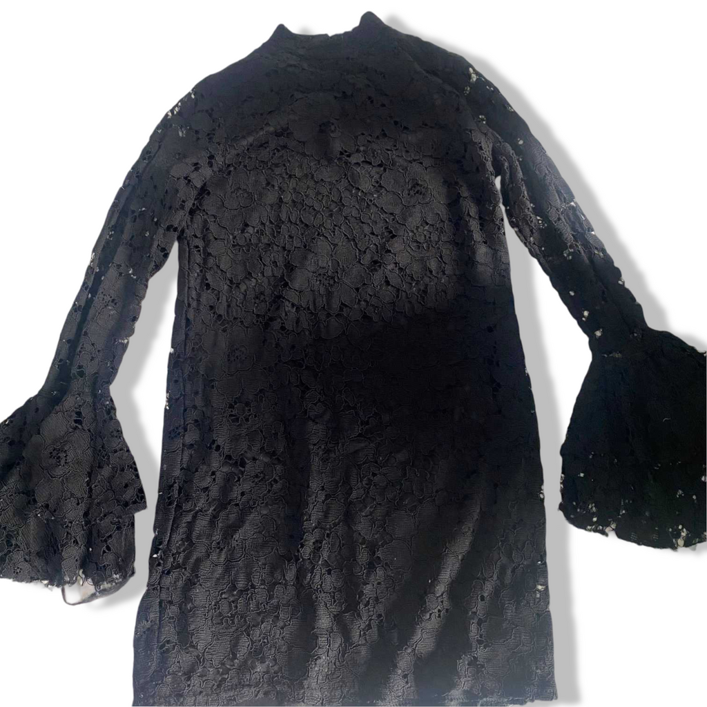 Vintage women floral lace black party midi pencil dress in L|L30.5 W 17.5|SKU 6302