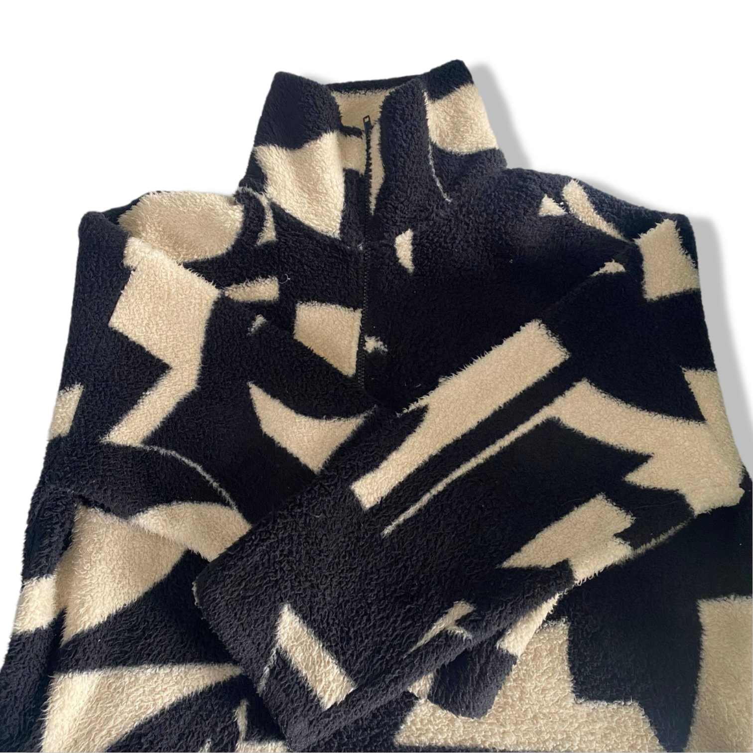 Vintage women primark fleece black & cream geometric print high neck jumper in M| SKU 6309