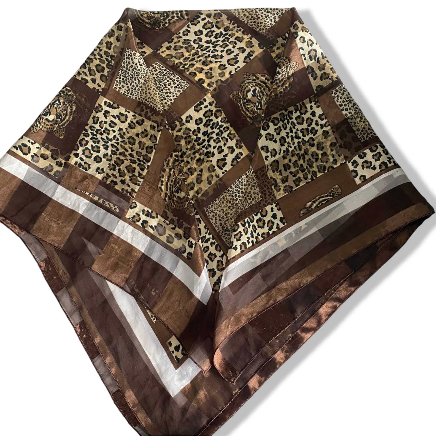Vintage women brown animal print silk rectangle scarf |SKU 6312