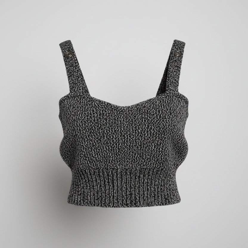 A dark gray and black marled knit crop top with wide shoulder straps, displayed against a neutral light gray background.