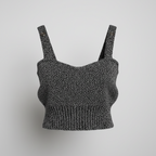 A dark gray and black marled knit crop top with wide shoulder straps, displayed against a neutral light gray background.