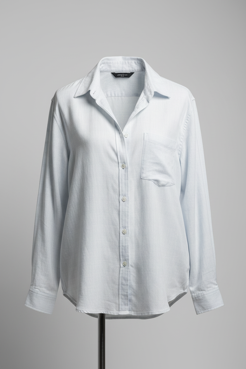 A white oversized long sleeve men's shirt hanging on a hanger against an orange background.