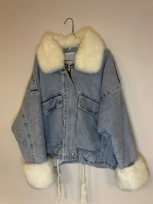 RubyneeVintage y2k white faux fur zipped up blue denim womens jackets size M/L