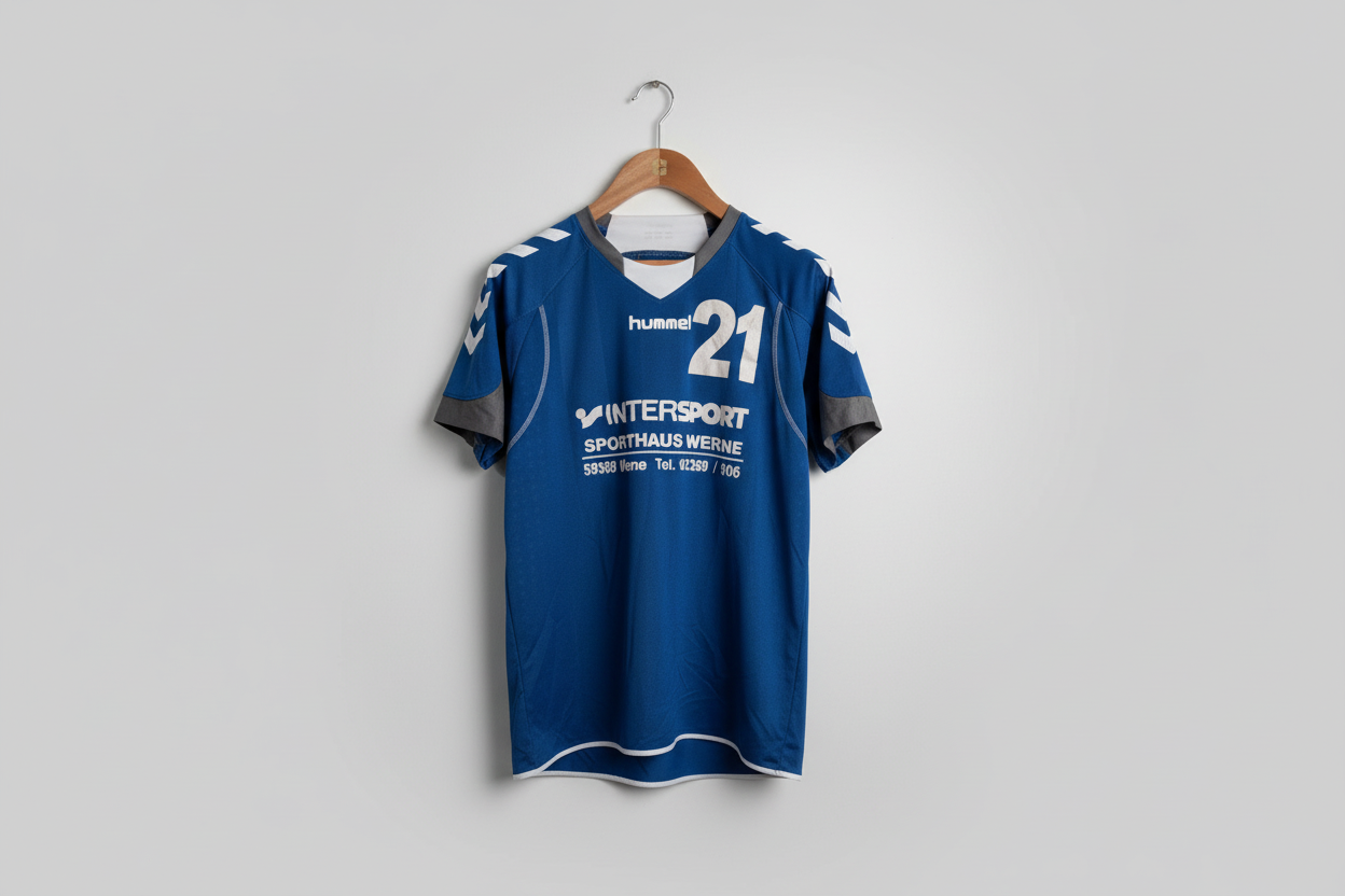 VINTAGE blue Hummel handball jersey with the number 21 and sponsor text for Intersport Sporthaus Werne.  Size M SKU7350