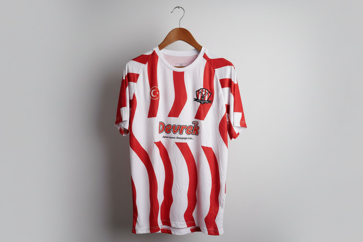 Red and white striped shirt on a hanger against a gray background