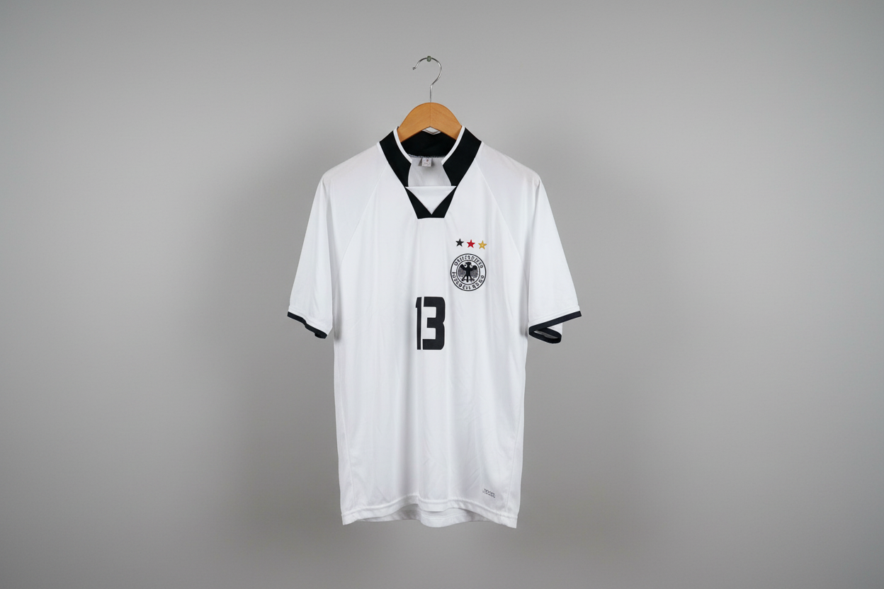 White soccer jersey with black accents on a hanger against a gray background