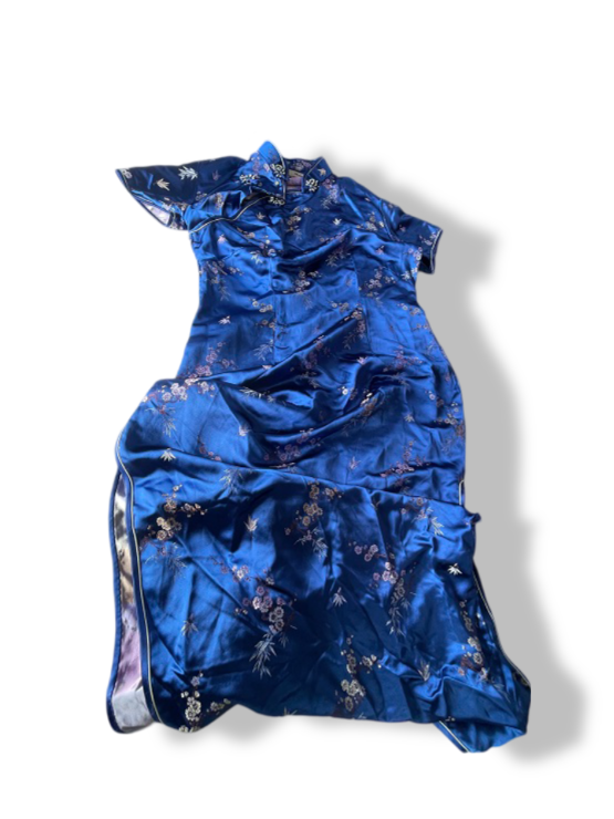 Vintage women's Manon Brocade satin blue traditional maxi dress 42| L56 W20| SKU 4770