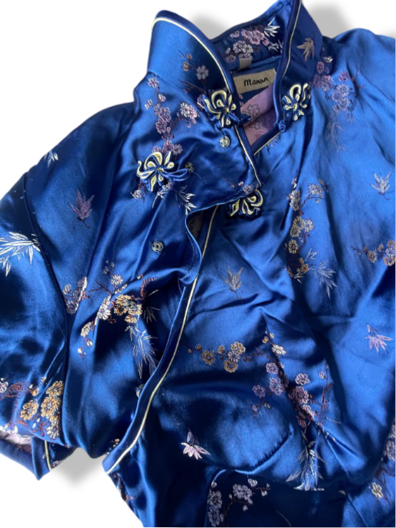 Vintage women's Manon Brocade satin blue traditional maxi dress 42| L56 W20| SKU 4770